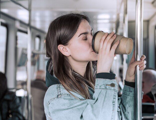 morning commuters with coffee
