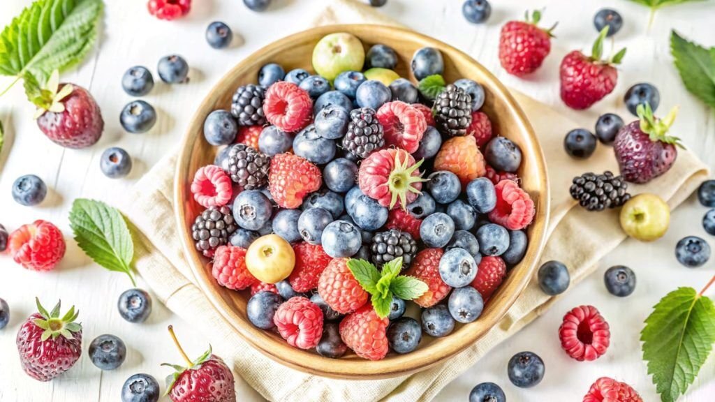 bowl fresh berries including blueberries raspberries blackberries strawberries white wooden surface